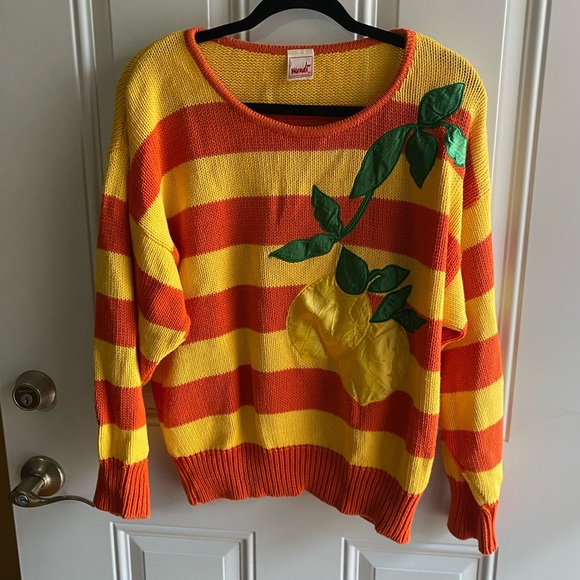 Mondi Vintage Size 38 Sweater Yellow Orange Striped Lemon Design Made In Germany - Picture 1 of 8